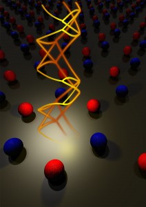 An illustration of the complicated dispersion of the surface fermion arising from a background of mercury and bismuth atoms (blue and red). (Image credit: Mingyee Tsang and Aris Alexandradinata)